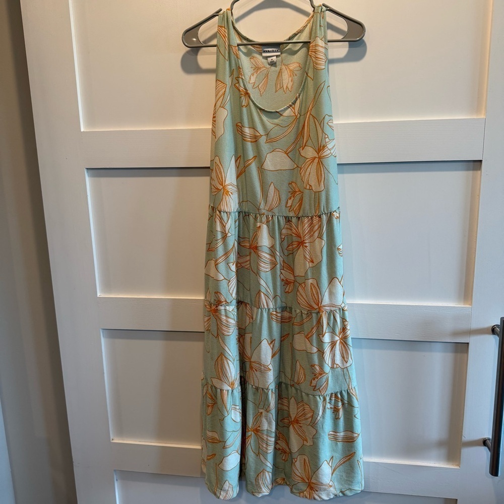 Elegant Floral Midi Dress - Blue and Orange